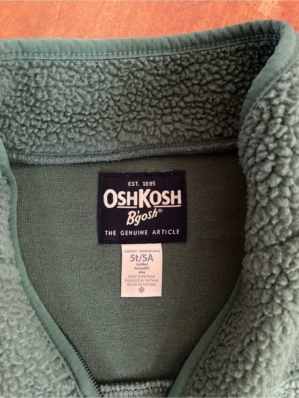 OshKosh B'gosh Toddler Boys Two-Tone Green Sherpa Fleece Full Zip Jacket Size 5T
